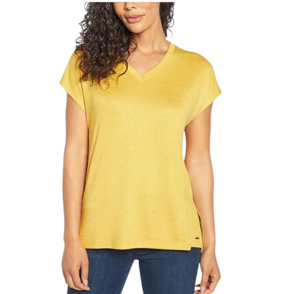 Orvis Women's goldenrod yellow Short Sleeve V-Neck Tunic Knit Top size xlarge